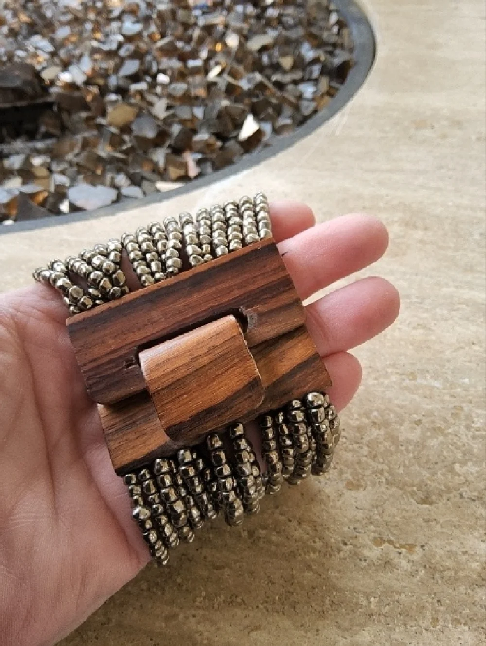 Multi-Strand Silver Bead Bracelet with Wooden Clasp